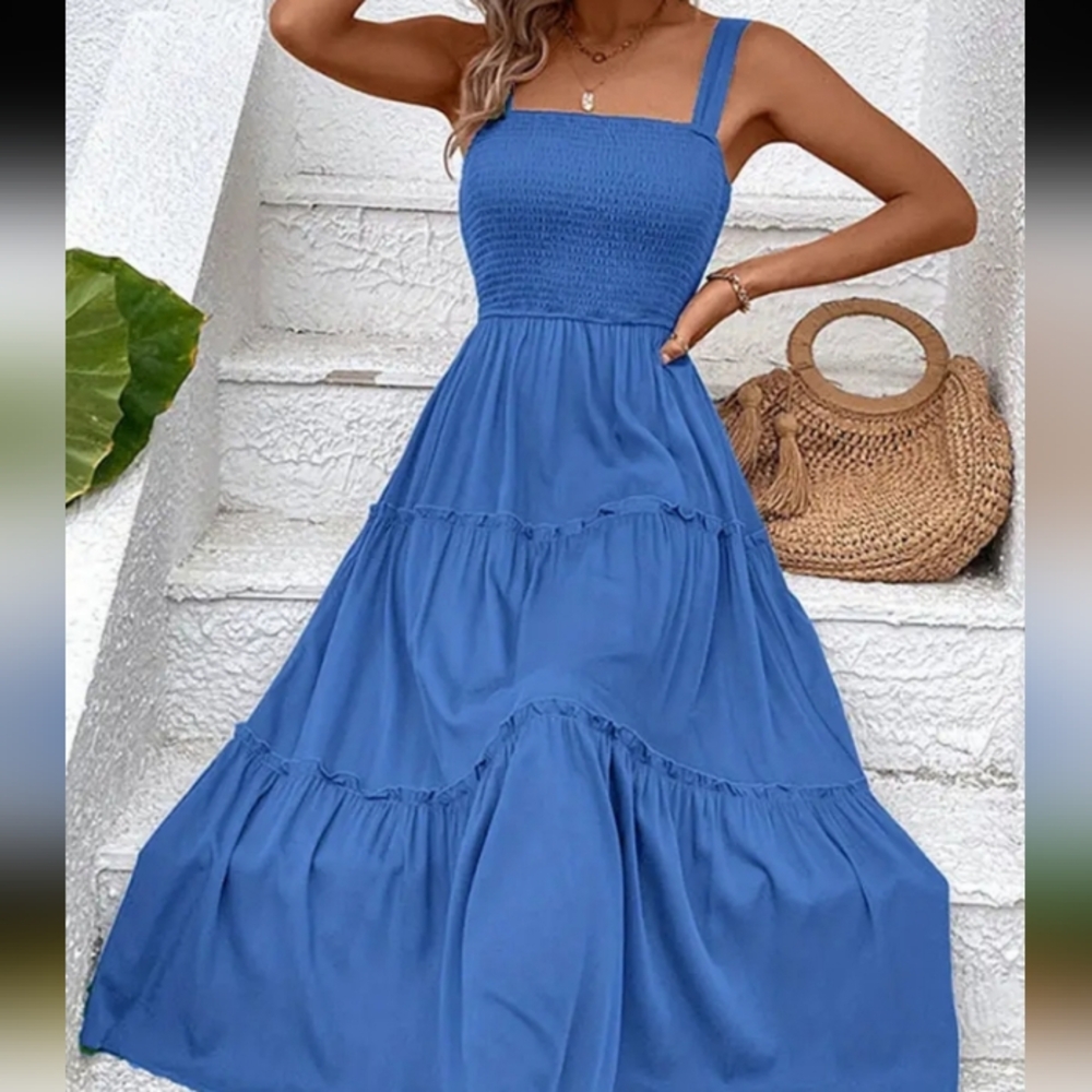 Women Bohemian Style Blue Strap Shoulder Maxi Dress